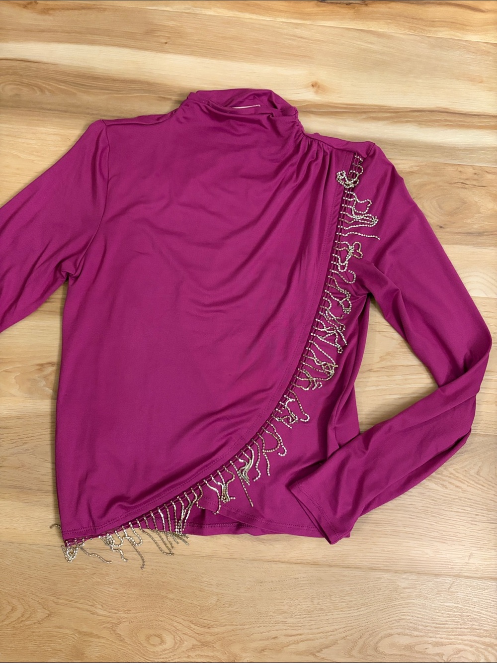 Women’s Magenta Long-Sleeve Top with Rhinestone Fringe Accent